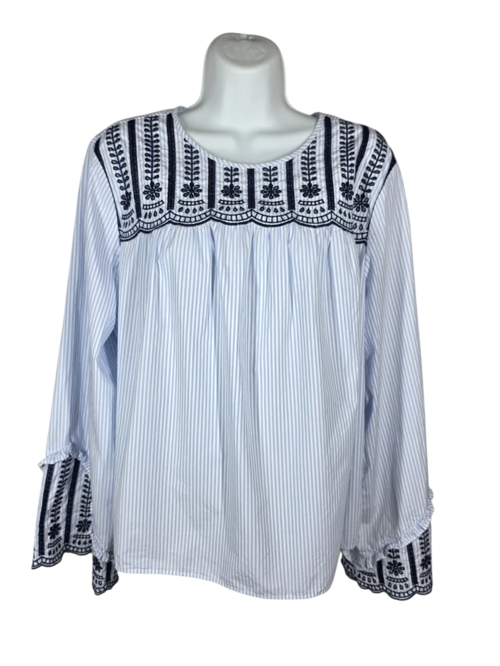 crown & ivy STRIPED EMBROIDERED PEASANT TOP